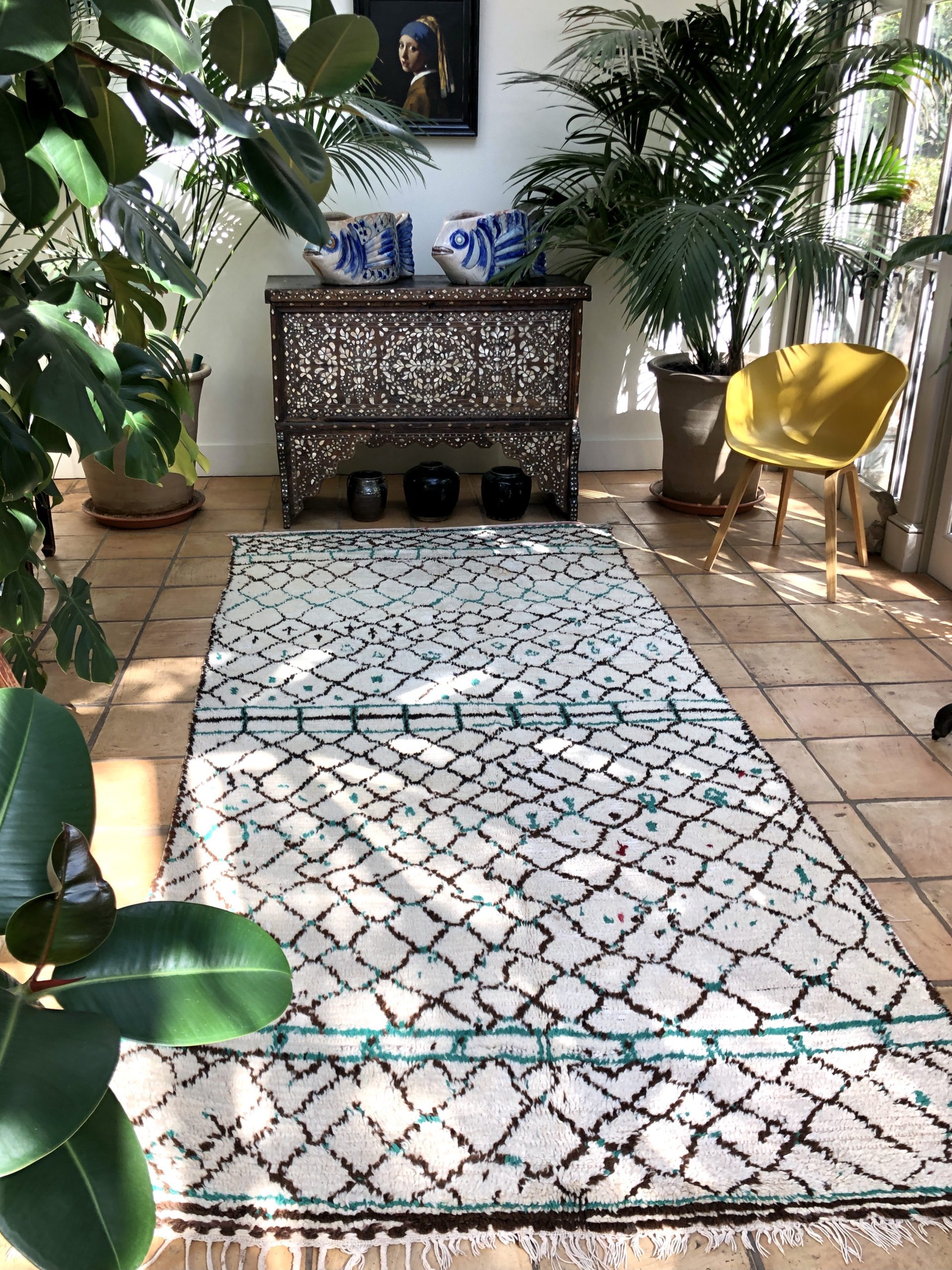 Azilal Moroccan Berber rug vintage handwoven carpet runner large size teal brown geometric design
