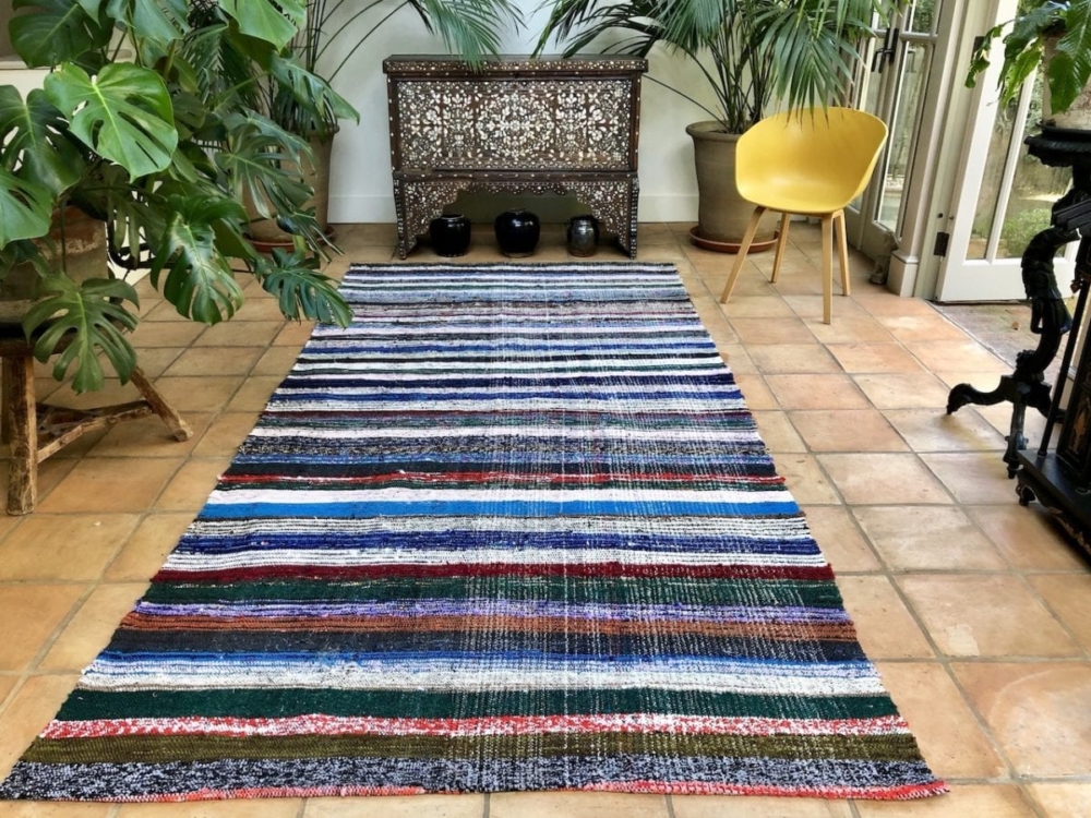 Turkish Kilim Blue Striped Vintage Rug Hardwearing Large